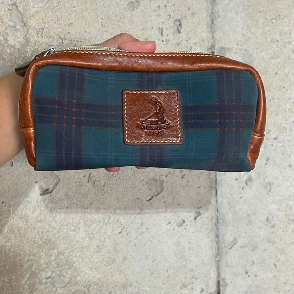 Barrington pinehurst Scottish navy green plaid leather small travel toiletry bag - Picture 1 of 5
